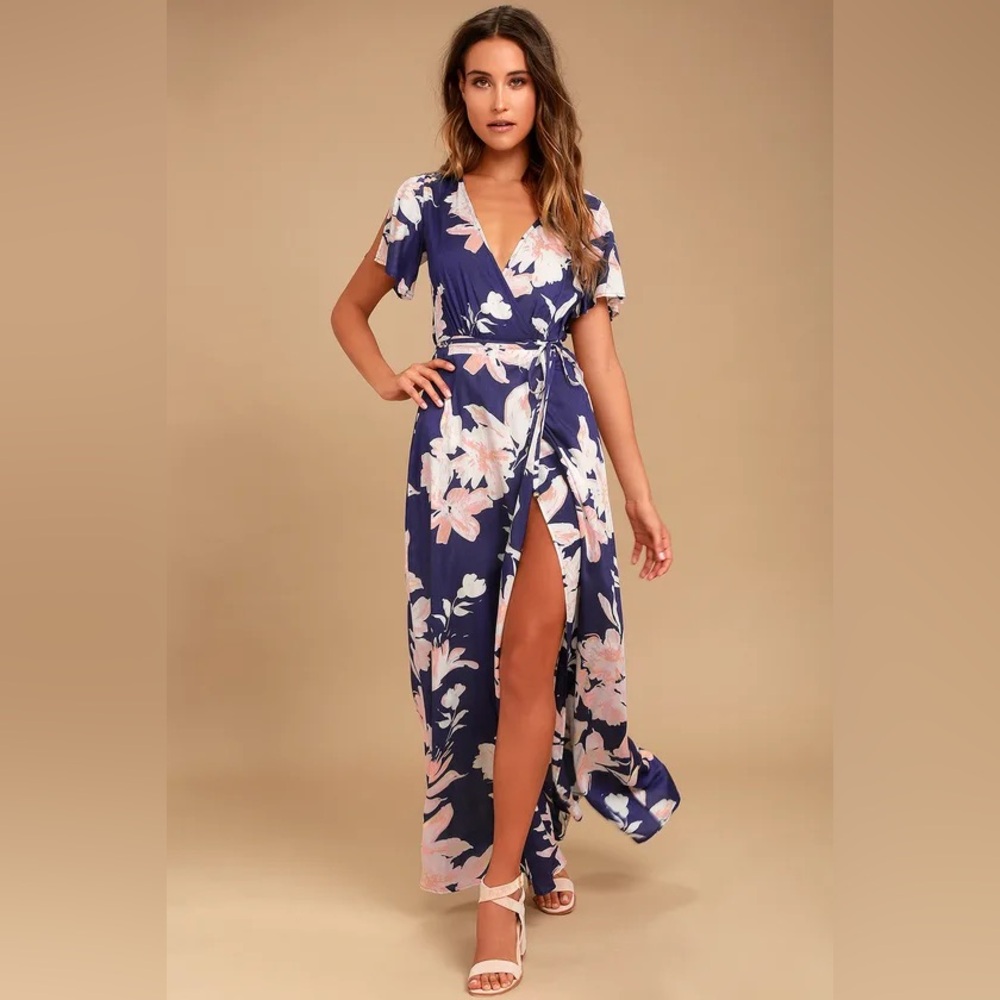 Azalea Regalia Navy Blue Floral Print Wrap Maxi Dress (size:XS)